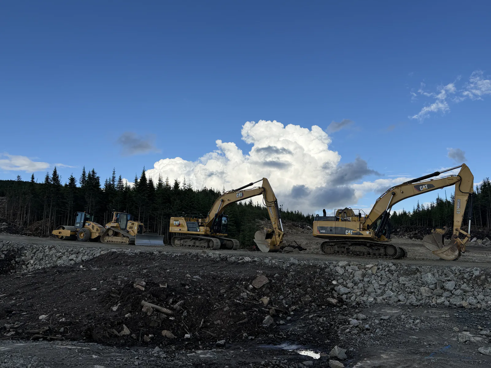 Terrassement en forêt — Pelles Caterpillar en terrassement sur un chantier en forêt.